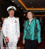 ID 3783 QUEEN MARY 2 (2003/148528grt/IMO 9241061) - New Zealander Captain Christopher Rynd escorts the then New Zealand Prime Minister Helen Clark on a tour of the Cunard flagship during her stop-over in...